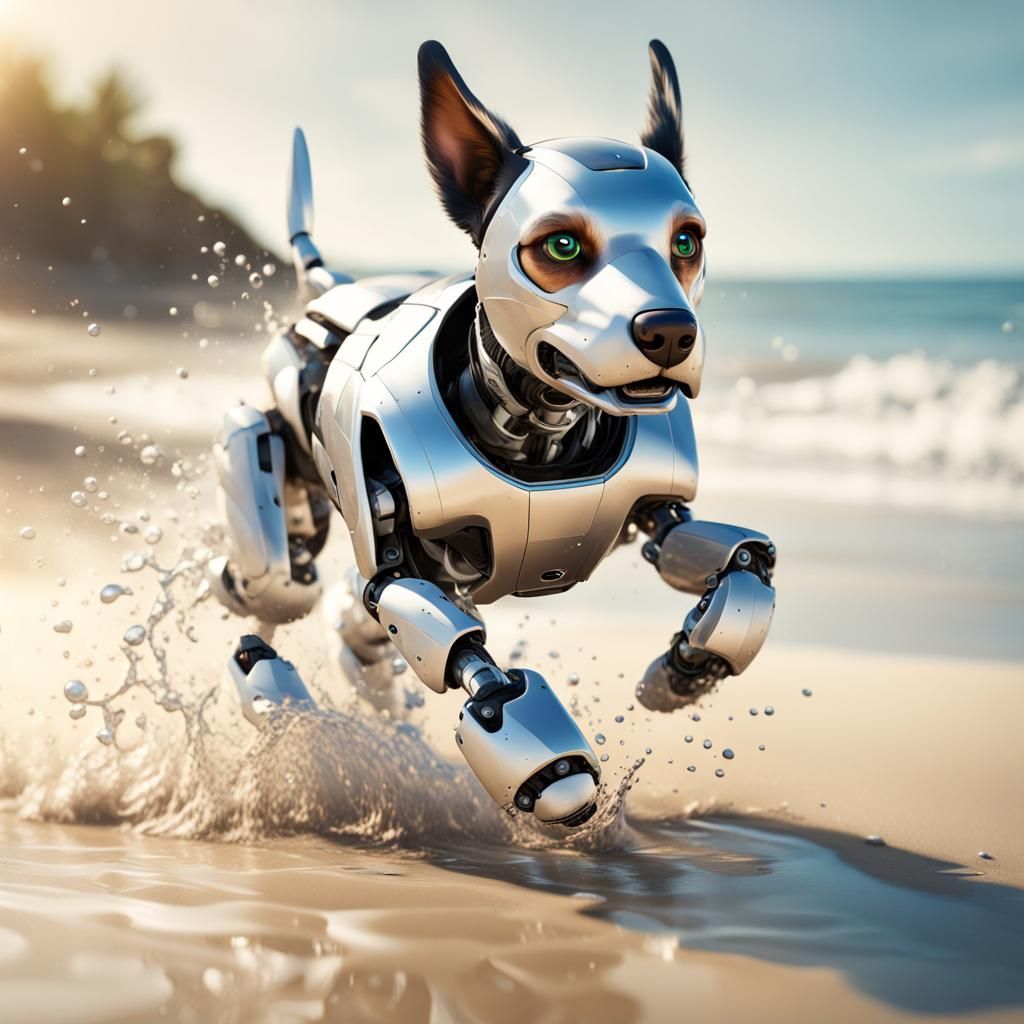 Photo of a ultra realistic robot dog running on the beach
