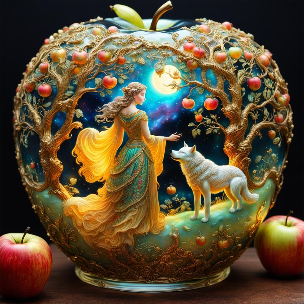 Exquisite richly detailed orchard with beautiful woman and wolf, on display in glass Golden glowing apple, ...  by @Fritholf