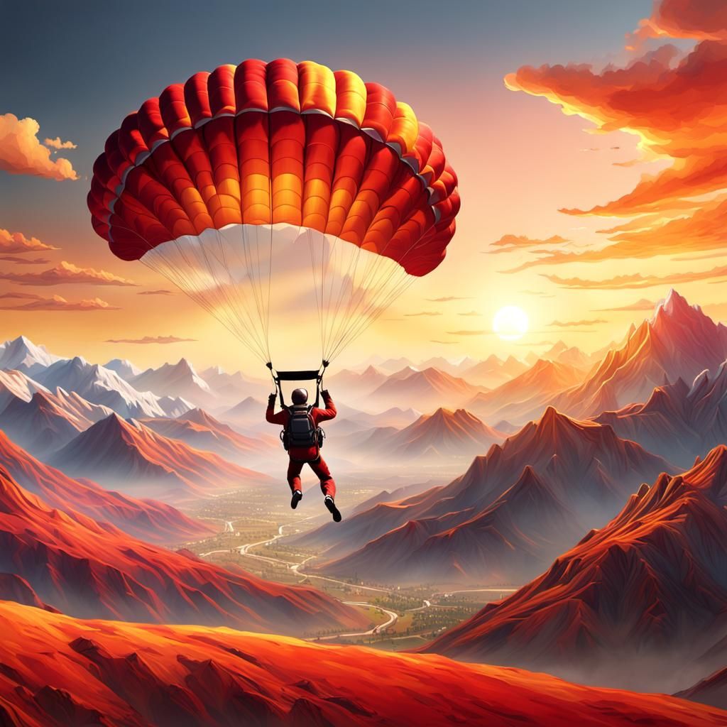 Skydiver passing in front of a setting sun. Vibrant hues of red. deep color concept art acrylic art 8K ...  by @Oma