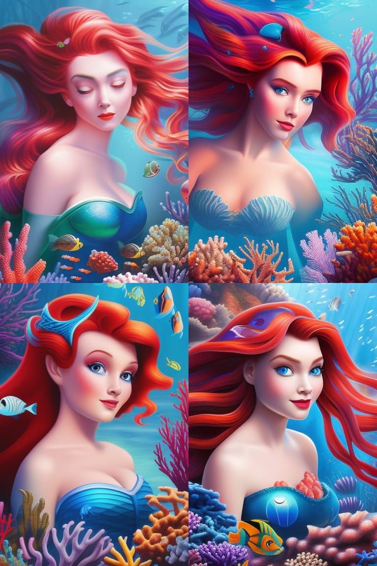 Portrait of Little Mermaid under the sea with corals and fis...