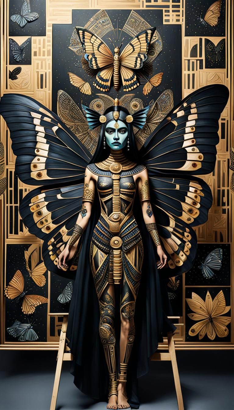 painting on an easel, a pitch black  obsidian butterfly goddess Ītzpāpalōtl  in Aztec regalia With cubist geometry black crystal wings exte...