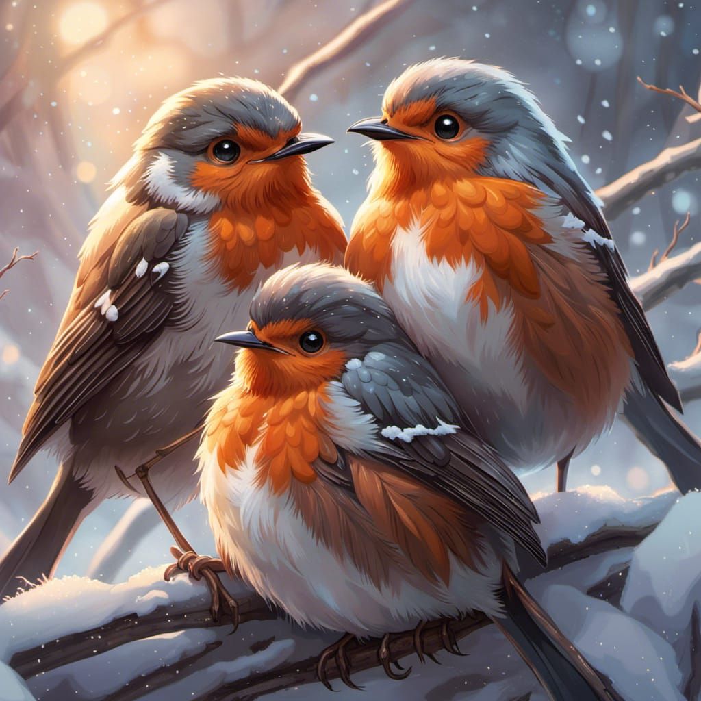 cute fluffy little robins cuddle together in winter while it's snowing, insanely detaild illustration ...  by @Tina auf der Blumenwiese