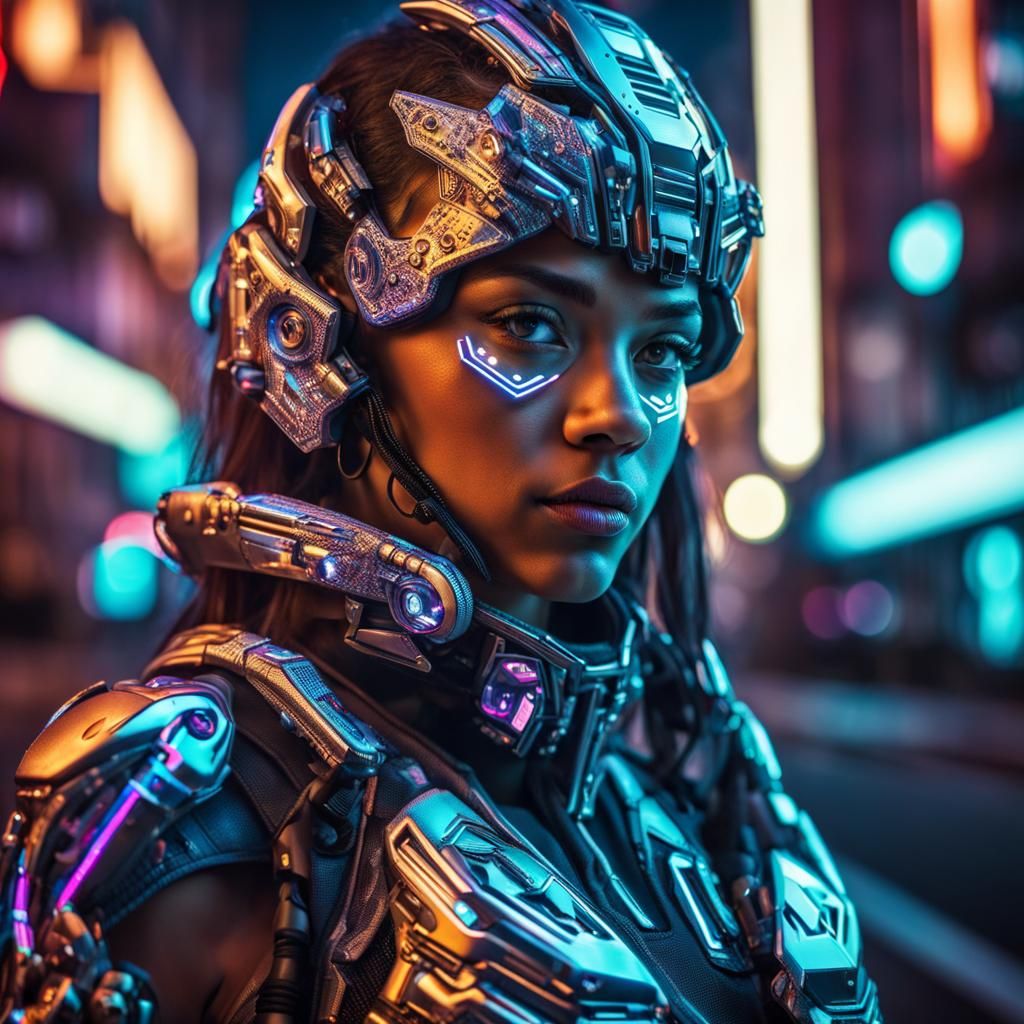 Portrait of a cyborg girl wearing futuristic face armor in a...