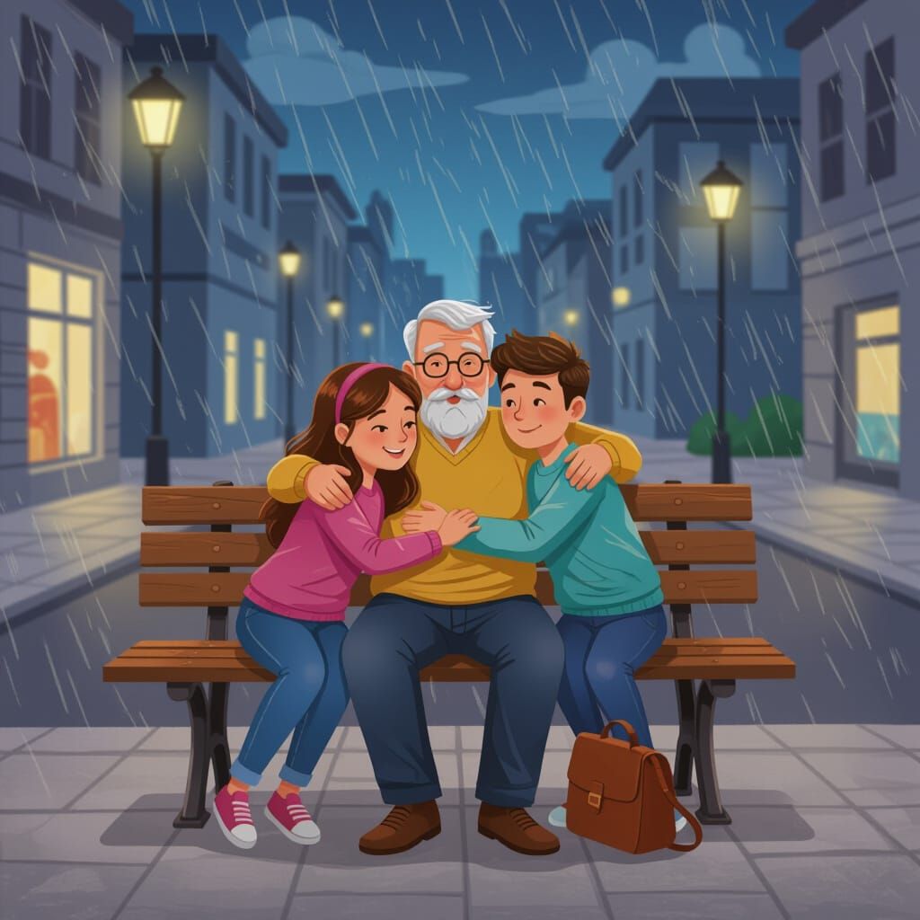 Children Hugging Adult on Dark Street Bench