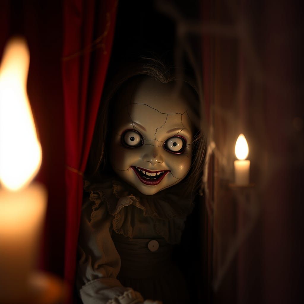 Creepy lifelike doll with dead eyes and malice in her heart. Looking out of the corner in a dark room. ...  by @TheDawgLives