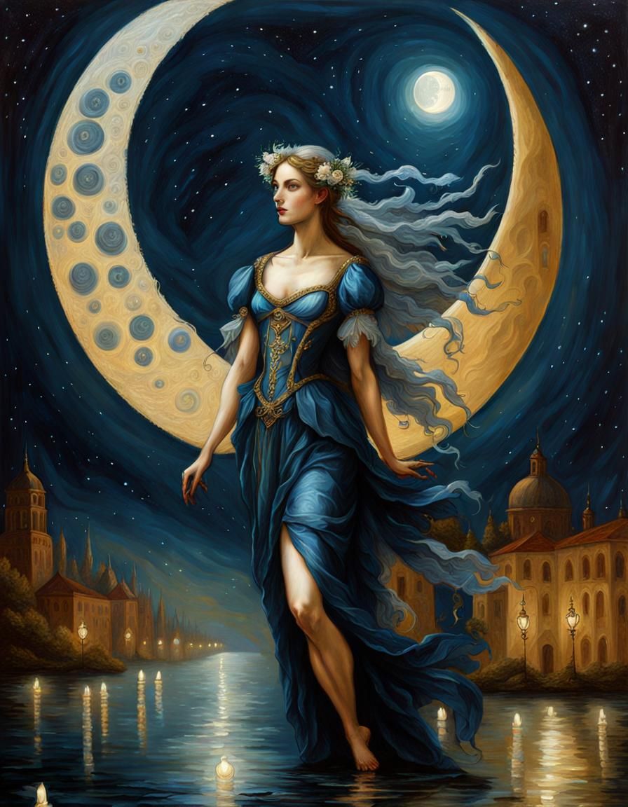 beautiful moon fairy in Raphael style, night, moon renaissan...