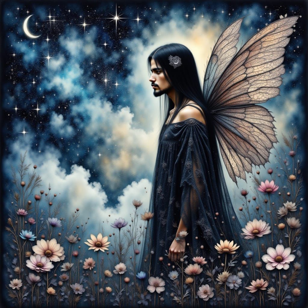 <lora:Enchanting Intensity:1.0> Watercolor drawing of an Arabic man fairy with wings, man fairy in dark sky among clouds, long straight hair...