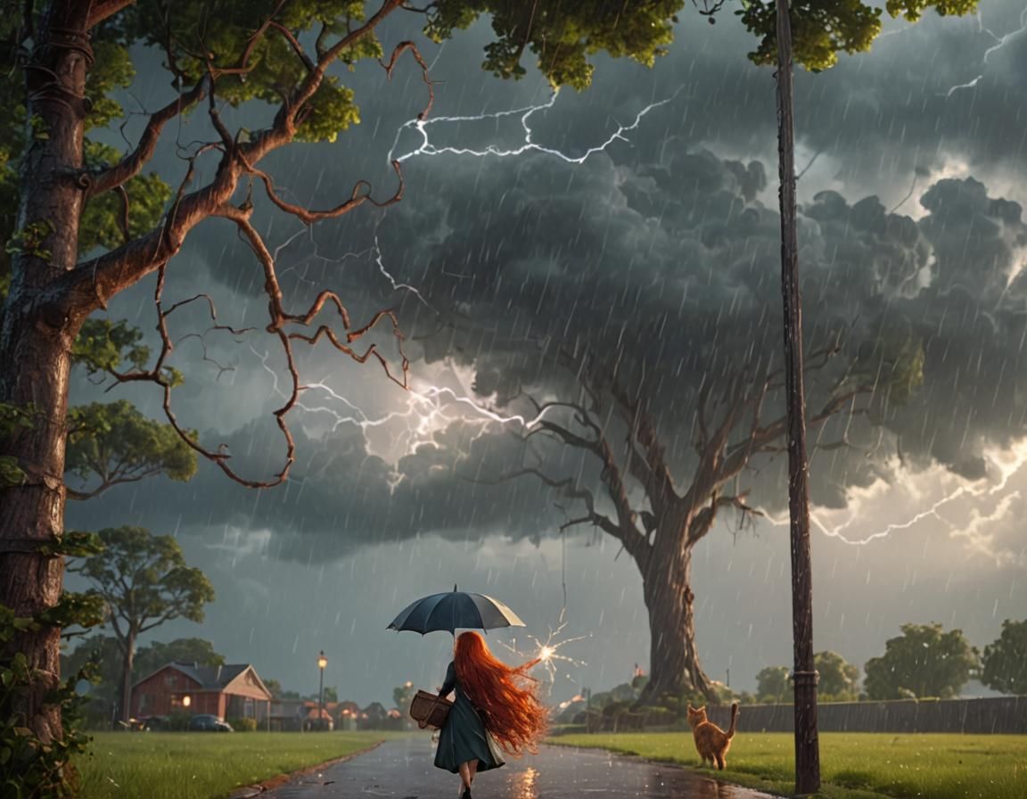 Woman with long red hair In the rain  under a dark cloud get...