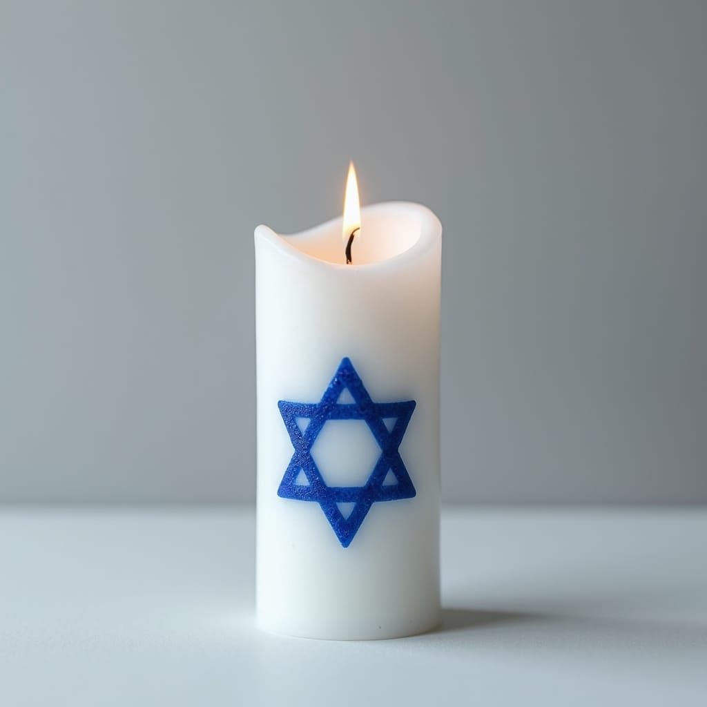 a momrial candle with blue star of david on it, gray backgro...