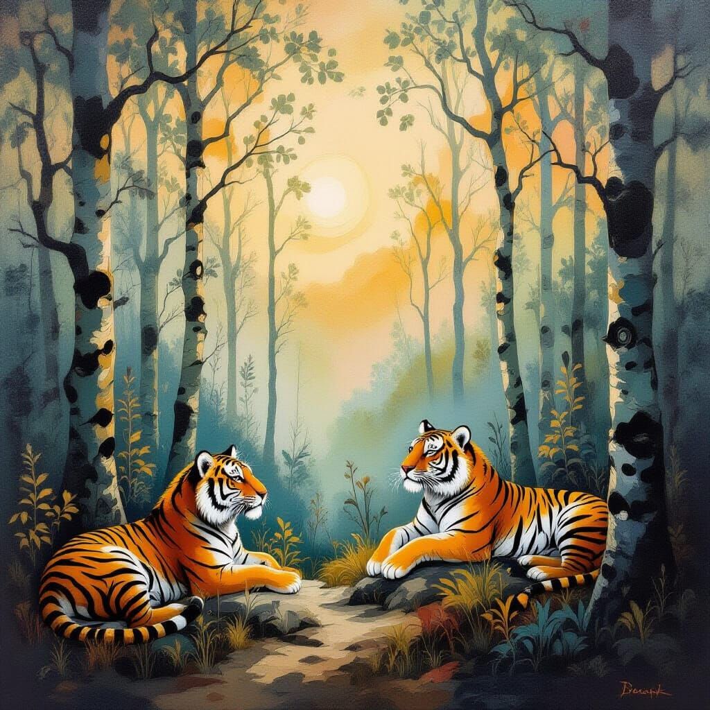 Surrealist Forest with Majestic Tigers as Oil Painting