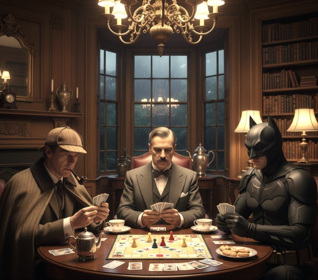 Sherlock, Poirot & Batman play Cluedo.