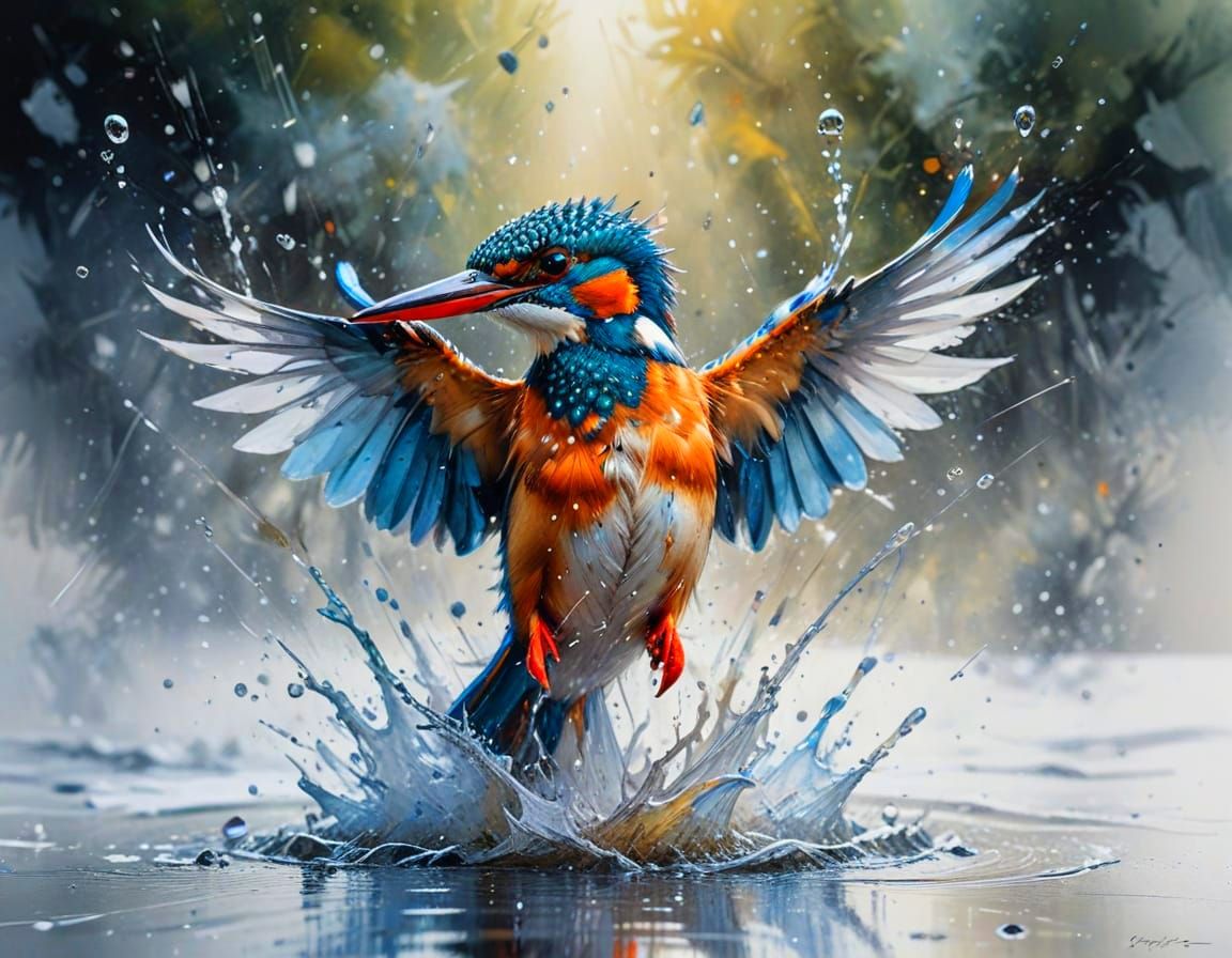 A kingfisher mid‑dive, beak breaking the river surface in a spray of droplets.  by @Kosh