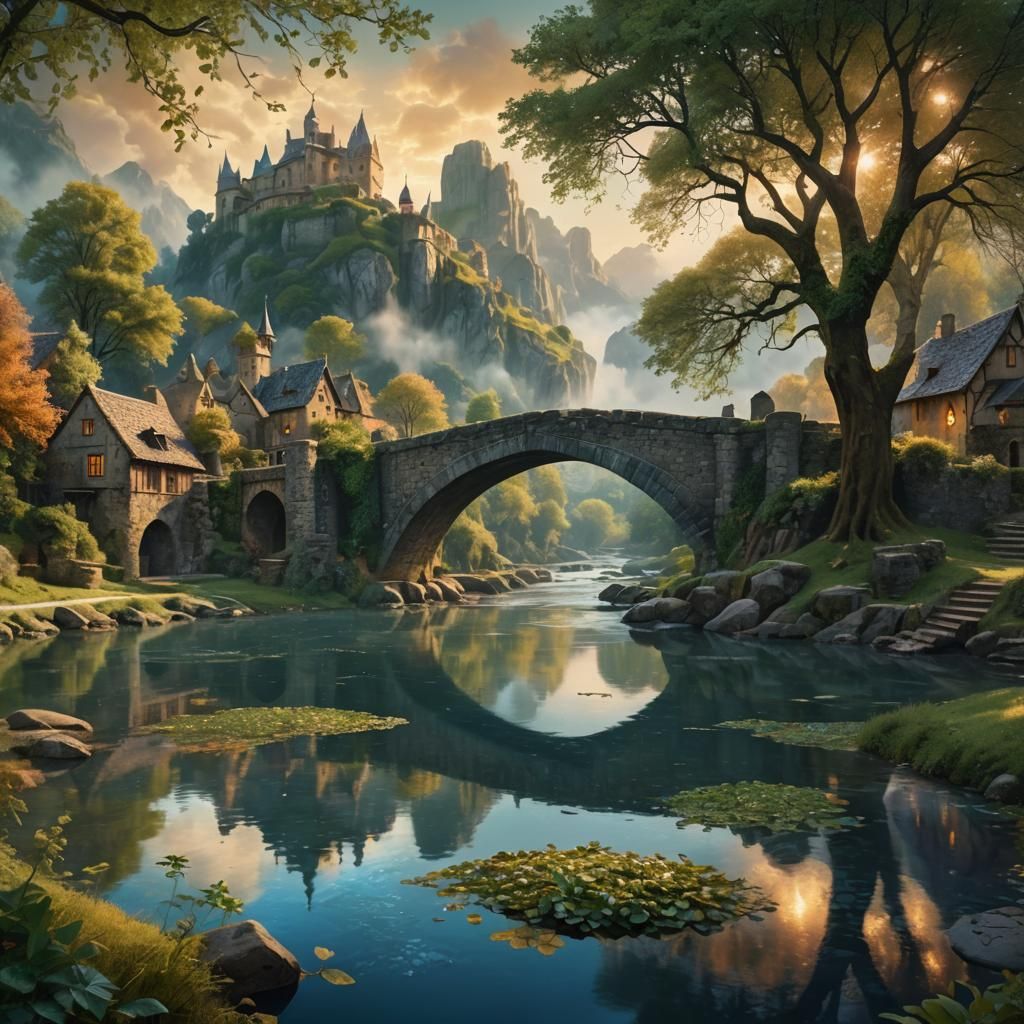 Fantastical Village by River with Stone Bridge