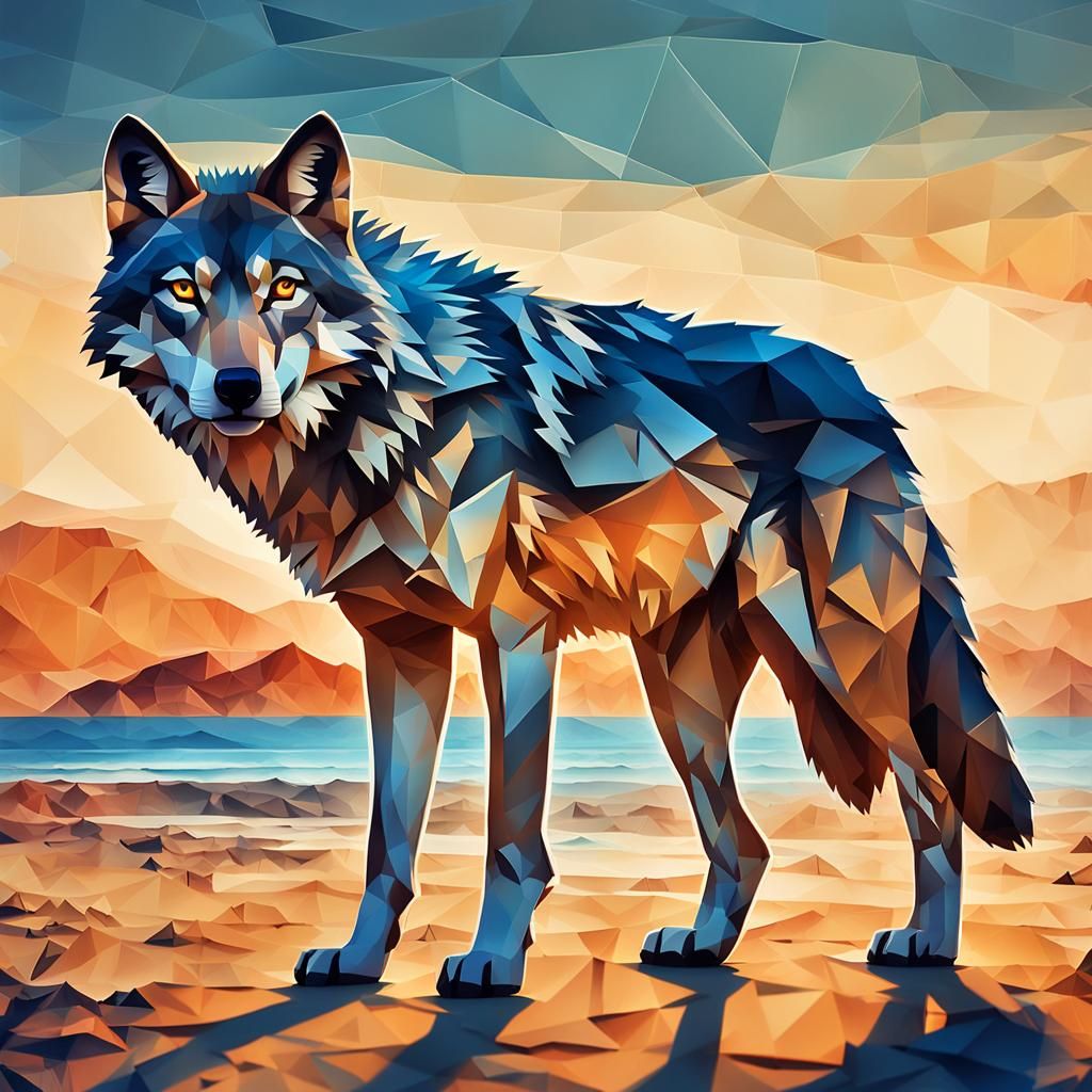 Desert Wolf Double Exposure: Seaside Sunset in Splash Art
