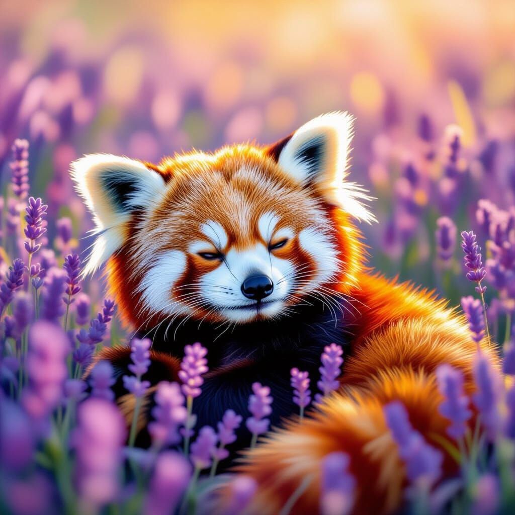 Red Panda resting in a lavender field, fur painted in soft rainbow tones, gentle painterly brushwork, ...  by @JennaM