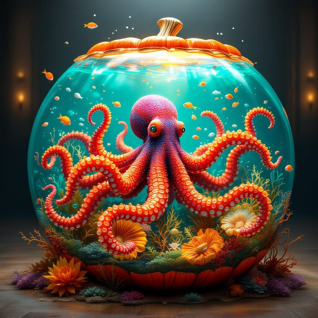 String art octopus thats bright orange and black and hot pink. Swimming in a huge fish bowl shaped like a pumpkin ocean with jelly fish and...