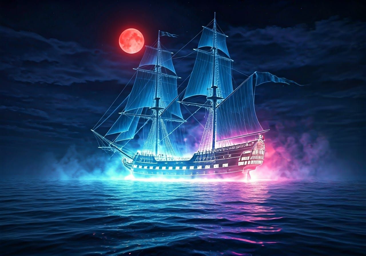A Ghost ship during a blood moon  by @forge4ward