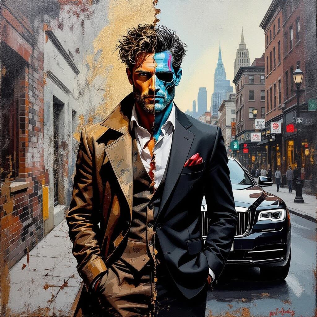 A contemplative portrait of a vagabond man, half of his face dissolving into encaustic textures, juxtaposed ...  by @Kamacho Kamy