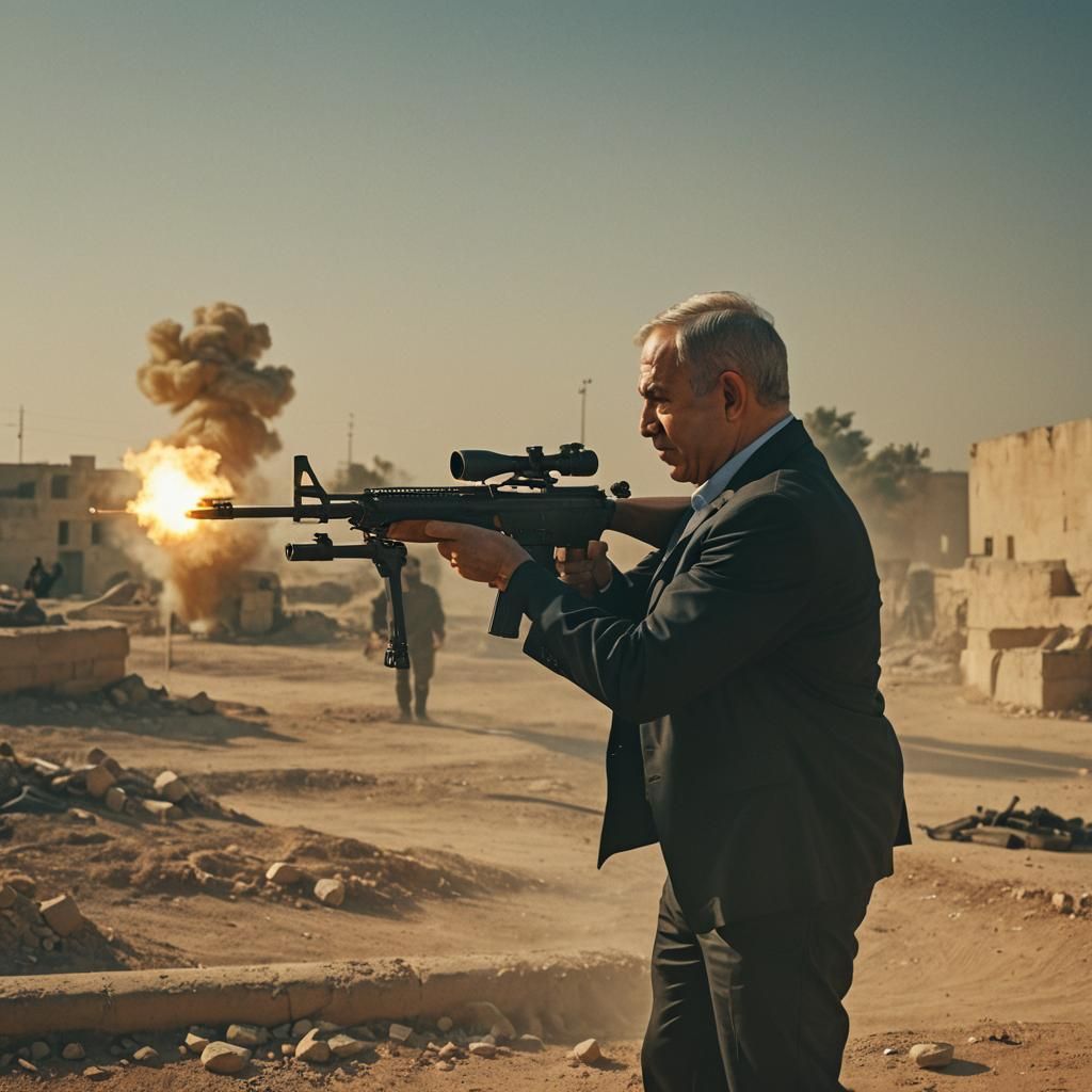Benjamin Netanyahu Aiming Rifle at Gaza