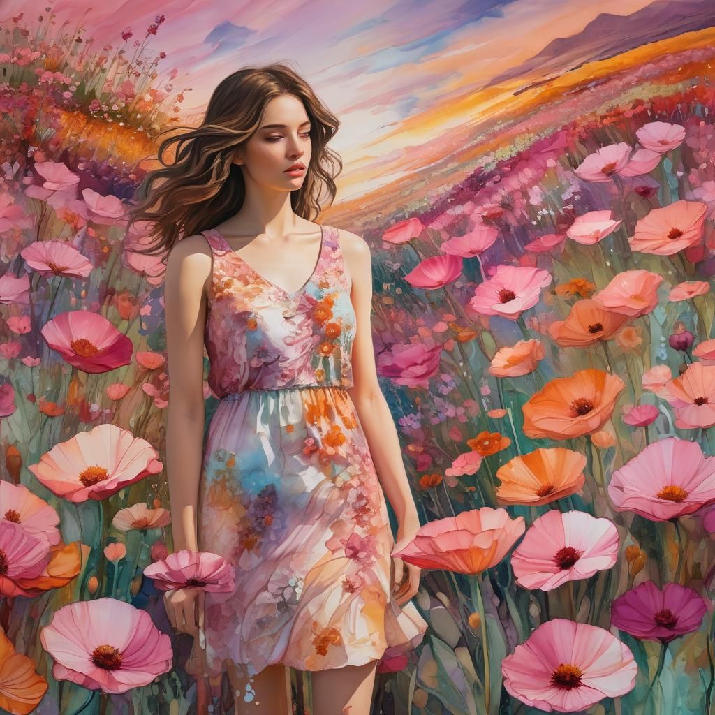 girl, sunrise, flower field, Alcohol ink and impasto mix pai...