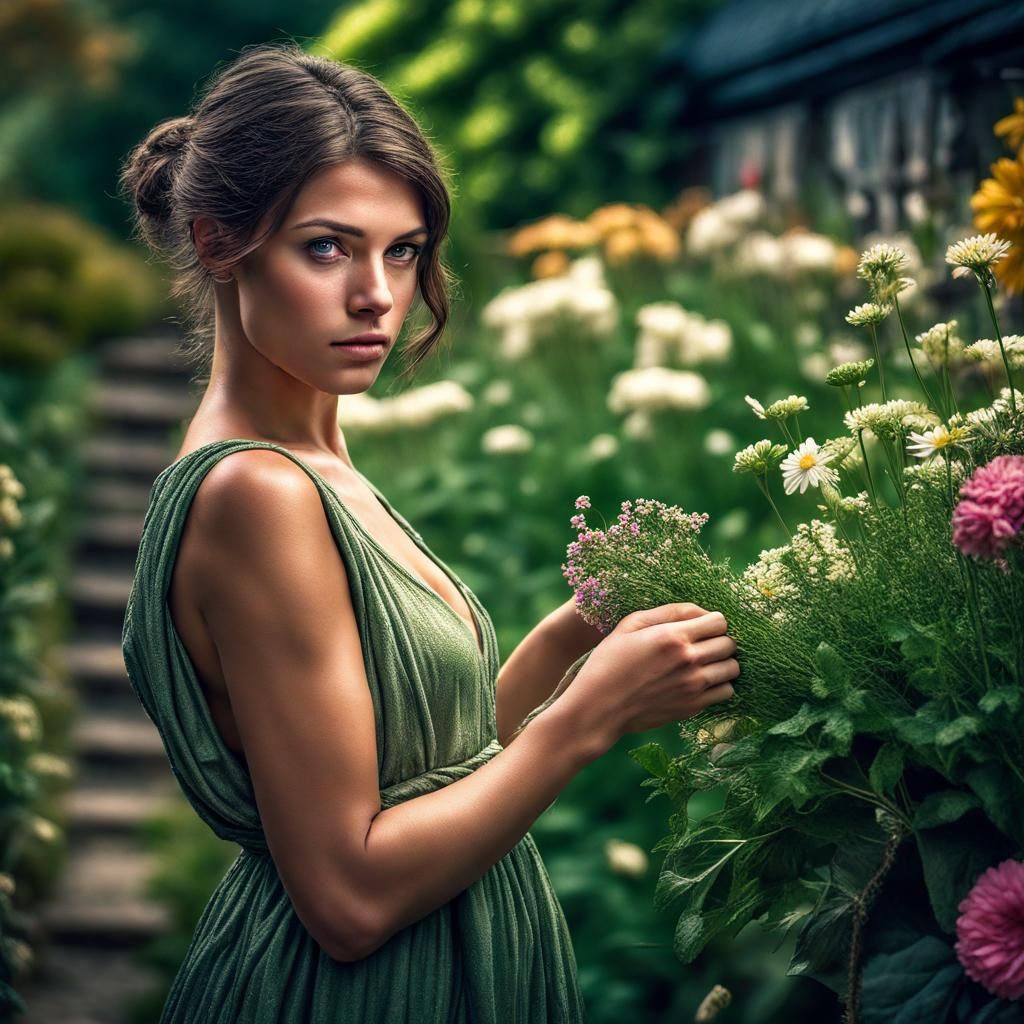 Secret flower garden, highly detailed attractive young woman...