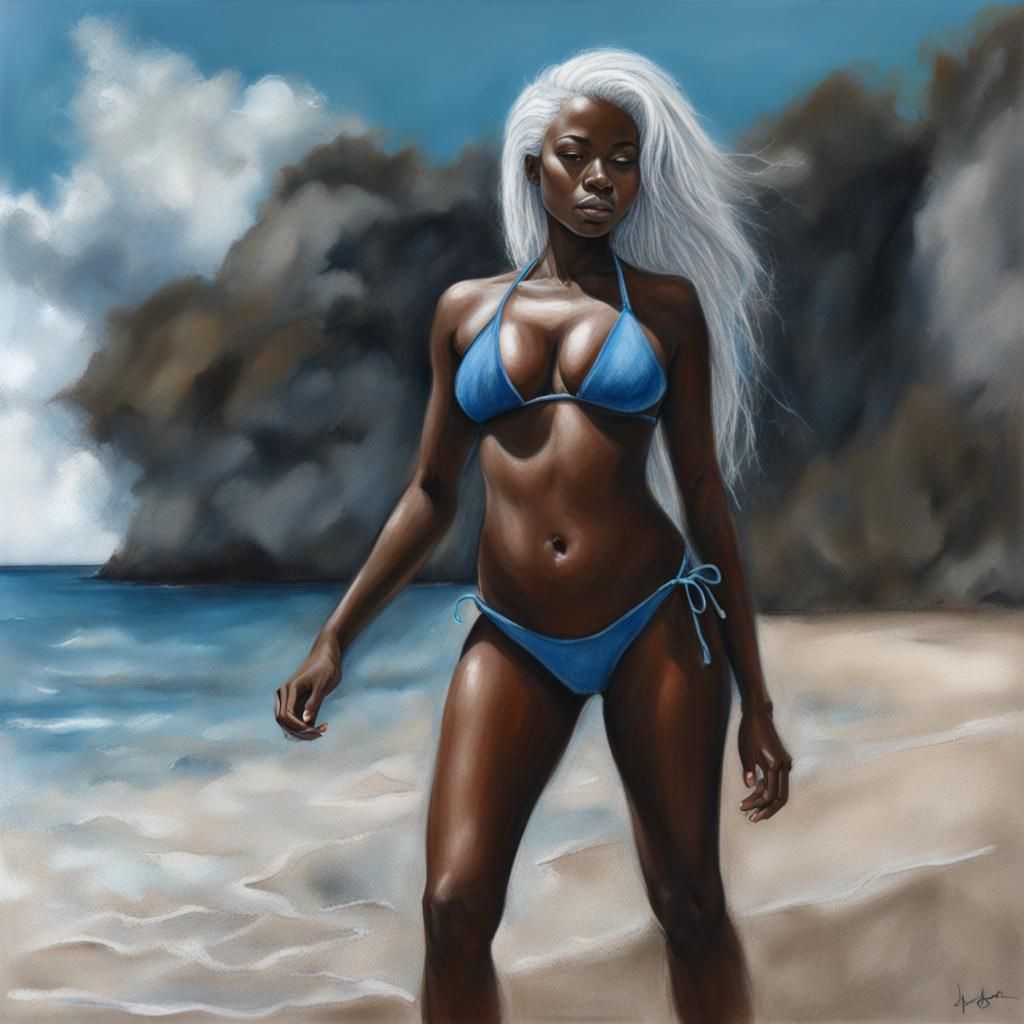 Black woman, white hair, blue bikini, beach