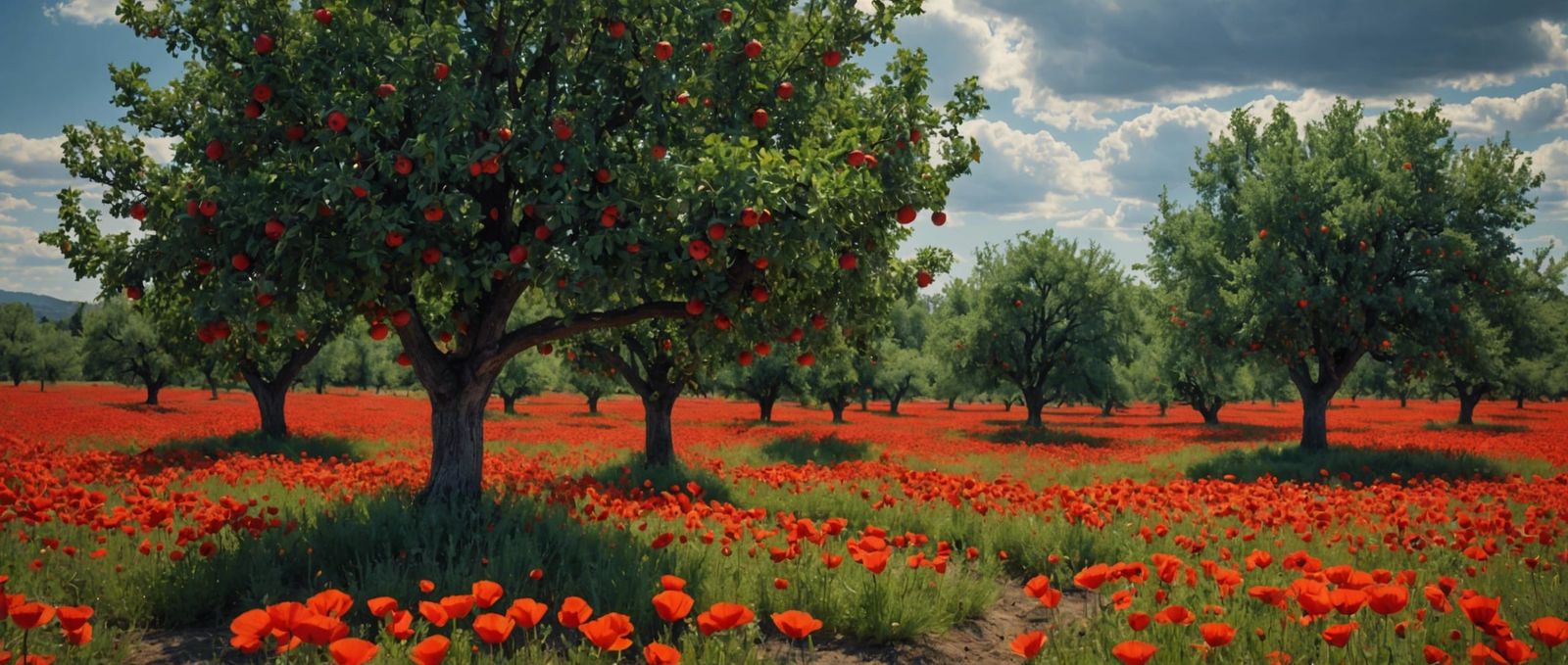 100 year old apple trees in the middle of a poppy field horr...