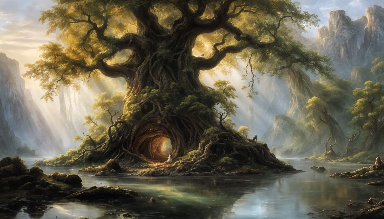 8k, masterpiece, Digital painting. A breathtaking, surreal landscape featuring a colossal, ancient tree ...  by @zRender69