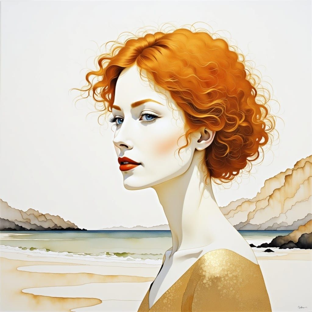"Edith Marsais, Minimalist, ginger short curly haired woman in a seashore nature illustration; surreal; white and gold color; high key, no s...