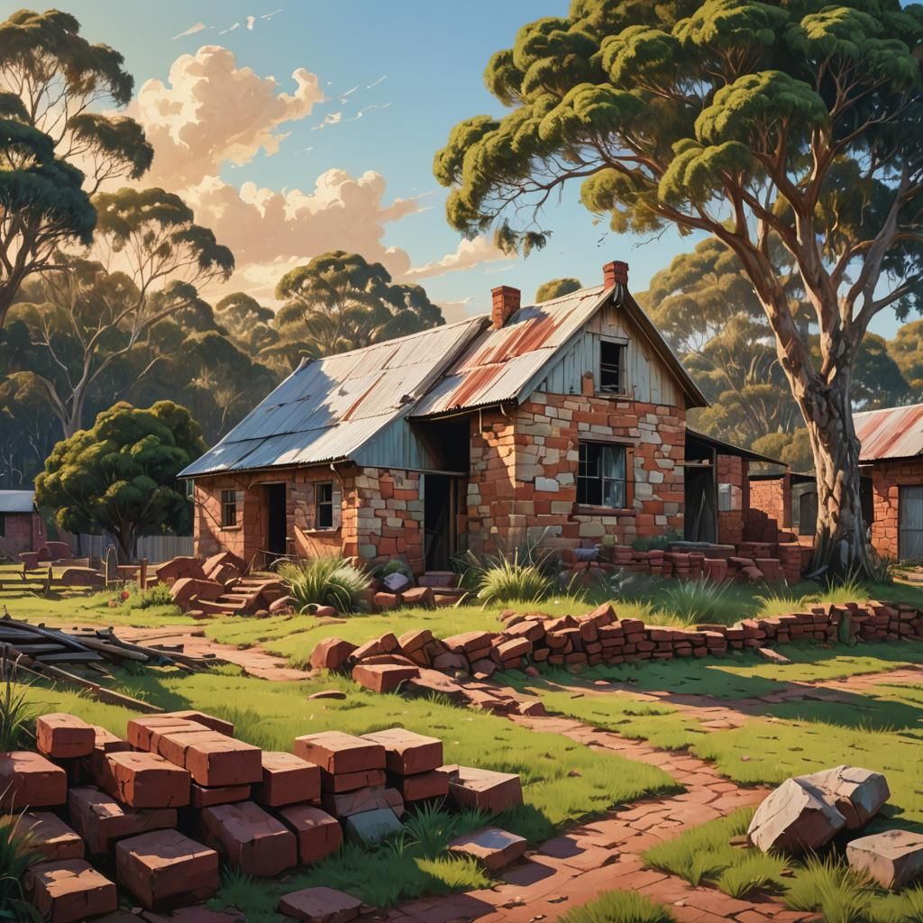 Forgotten Australian stone and brick farm house and sheds st...