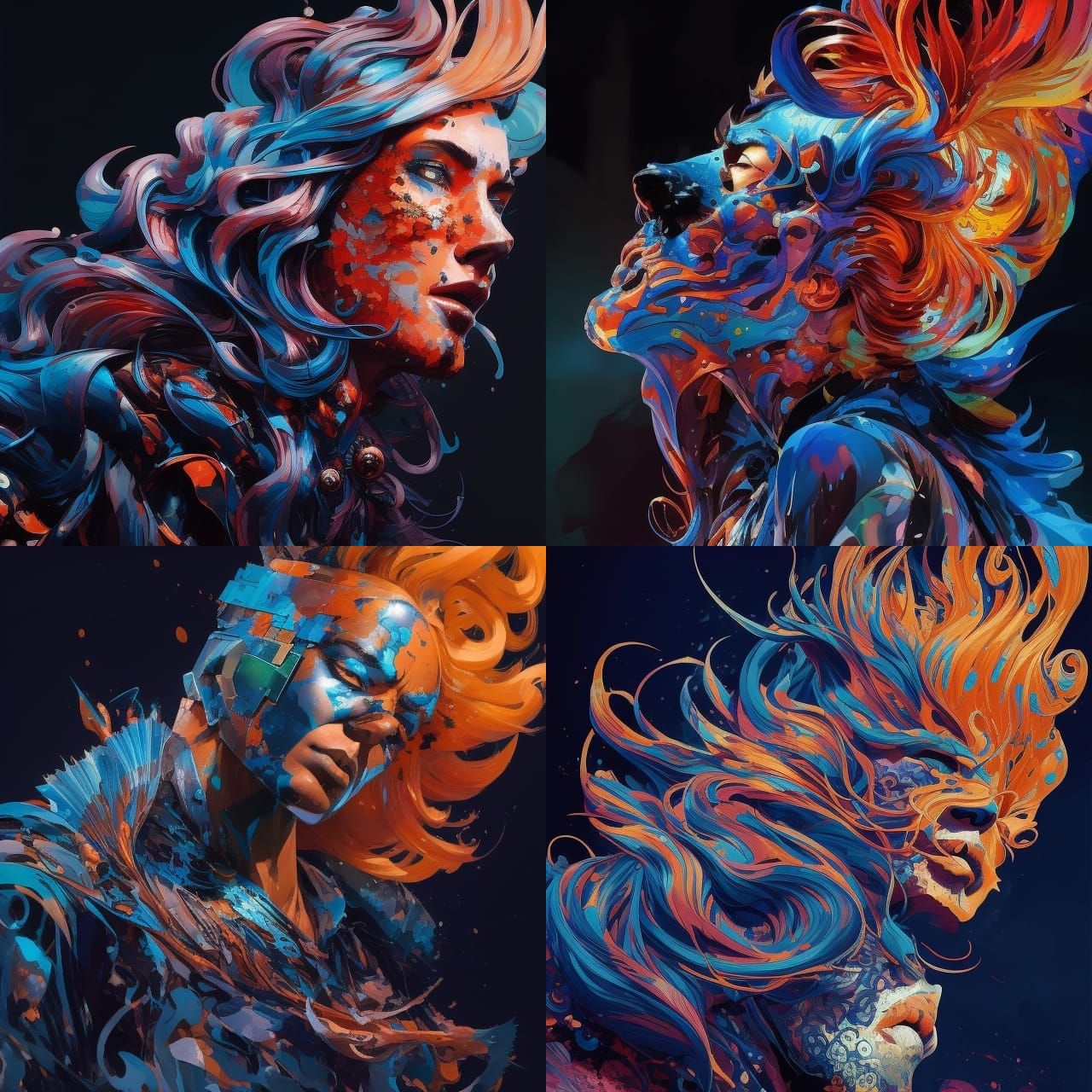 Head with flaming hair: Borderlands: paper marbling! Oil spl...