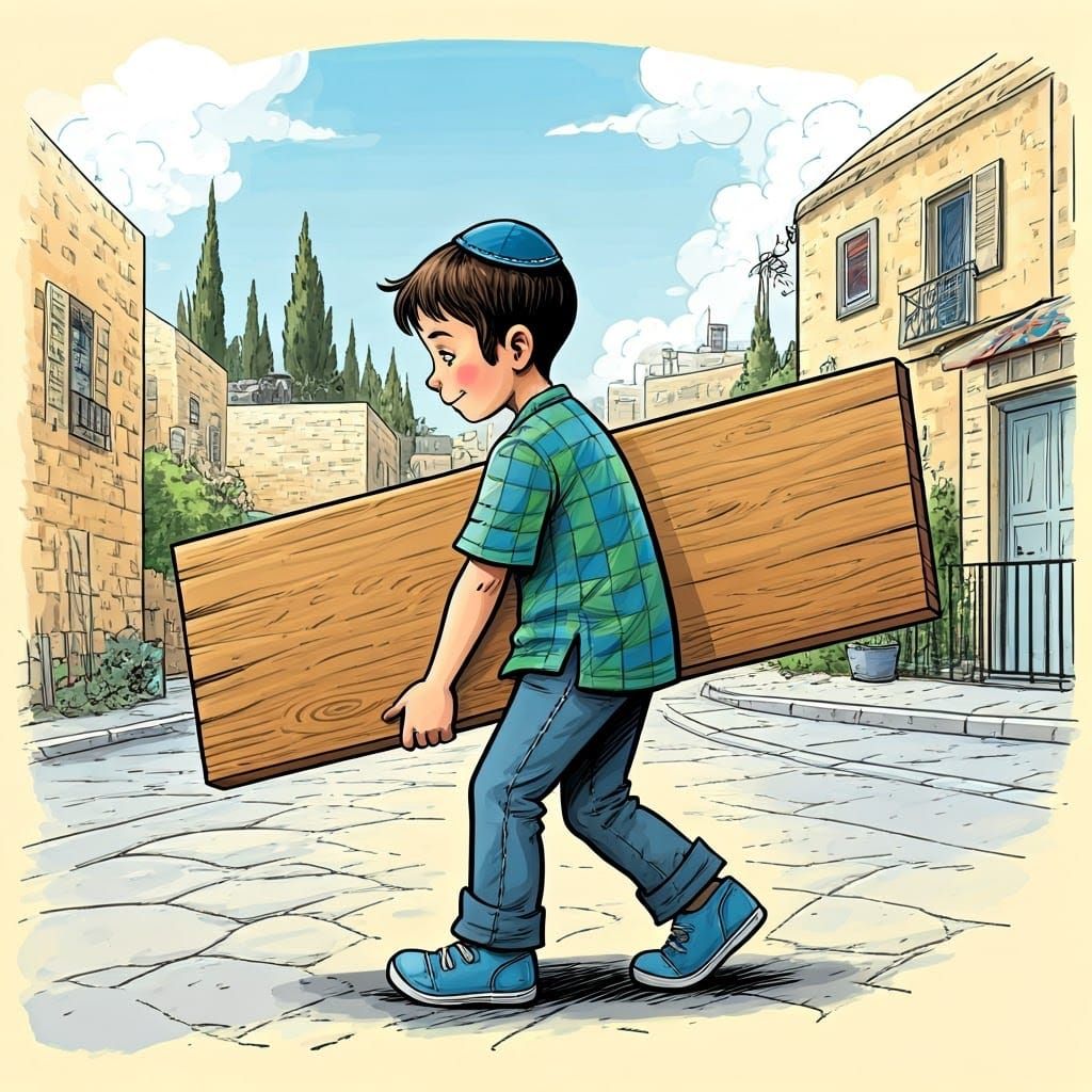 Boy Building Sukkah in Jerusalem Comic Style