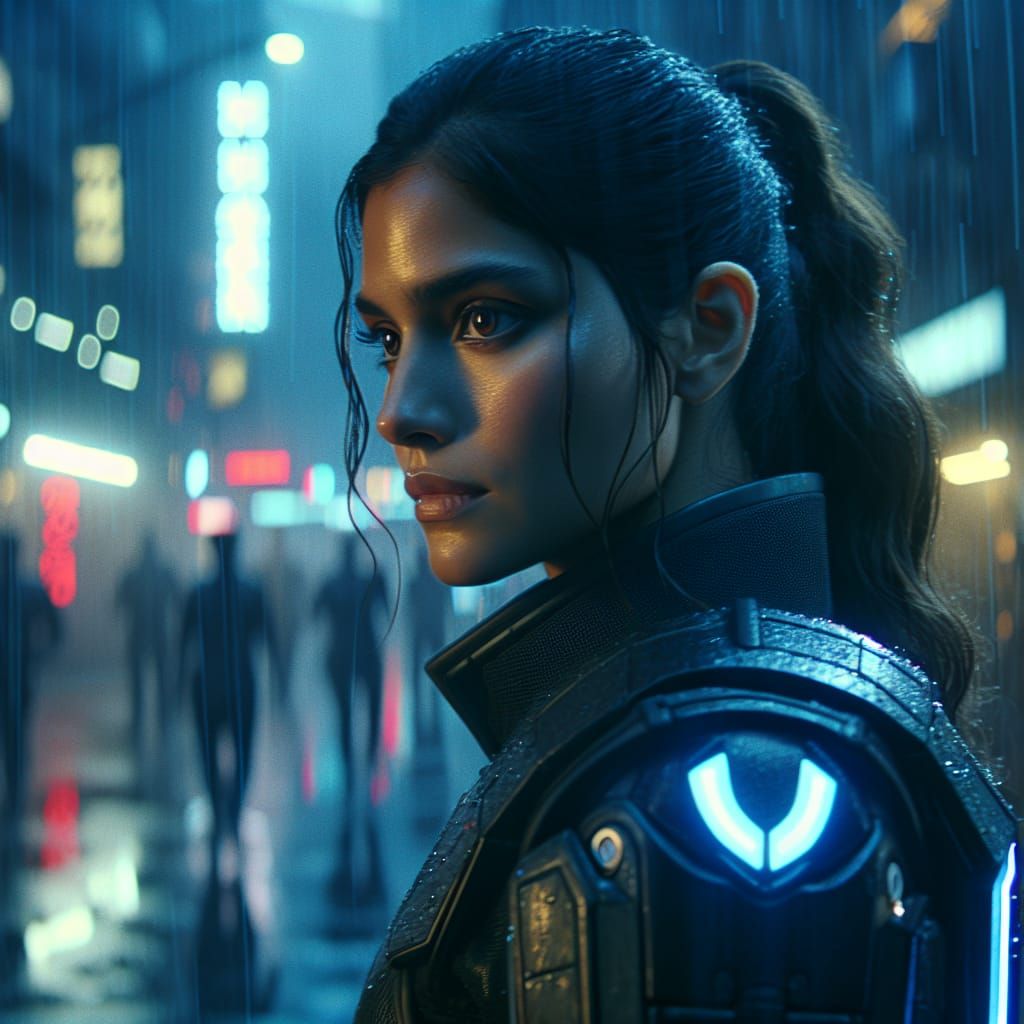 Medium shot of a female sci-fi protagonist in a cyberpunk ci...