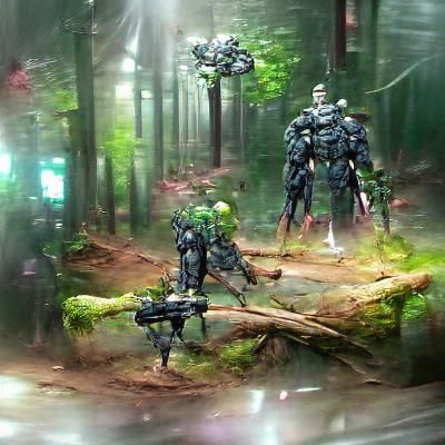 cyborg super soldiers sci-fi in a forest concept art