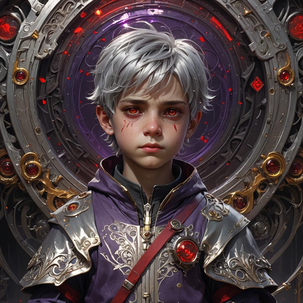 A little boy with short silver hair and red eyes