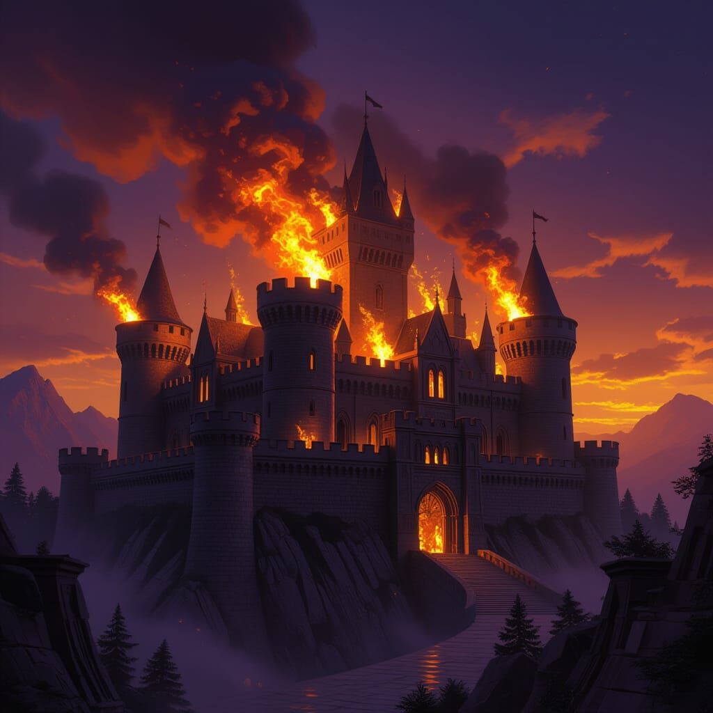Burning Ancient Castle: Dark Fantasy Concept Art