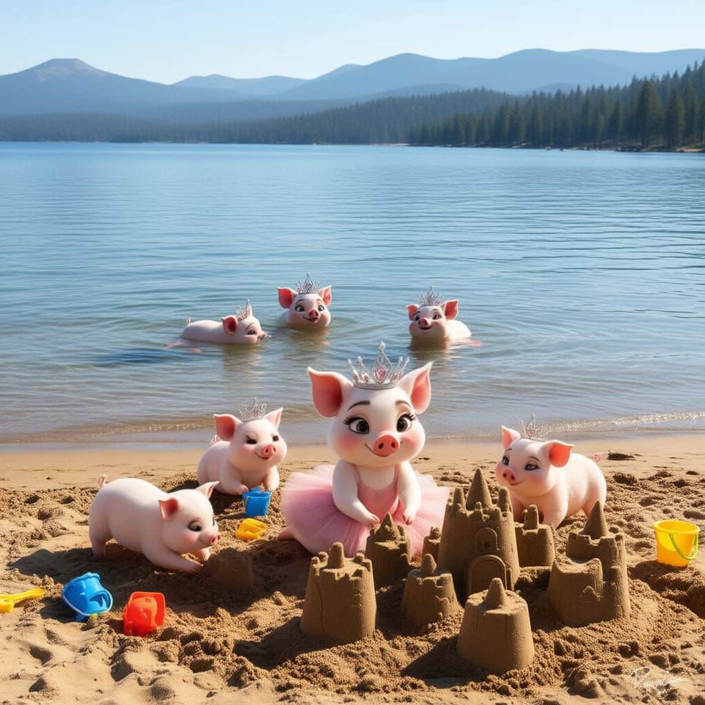 Generate an image of Cleo from this image building sand castles on shore of lake Tahoe put the other 5 pigs from previous generations of ima...