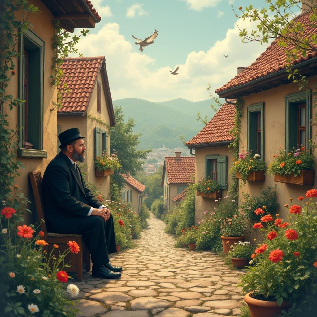 Hassidic Man's Springtime Village Dream in Storybook Style