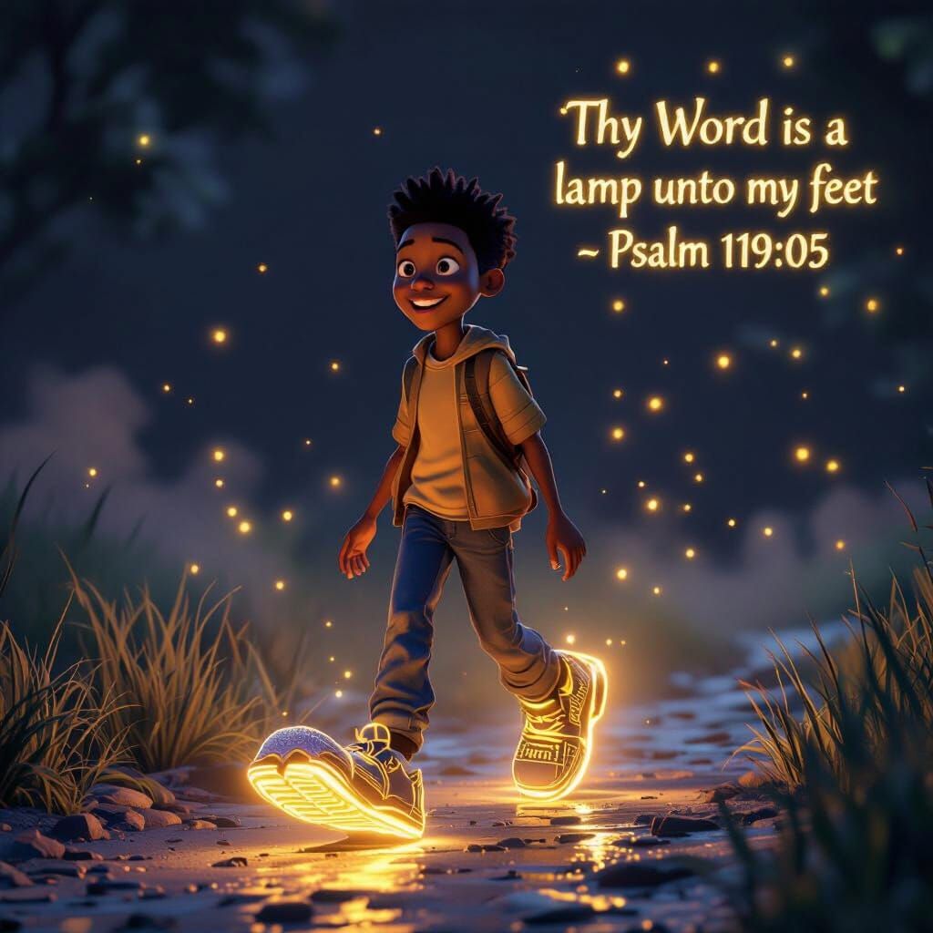 A 3D animated African teenager walking confidently through a dark path at night. Instead of regular shoes, the teen wears glowing shoes shap...