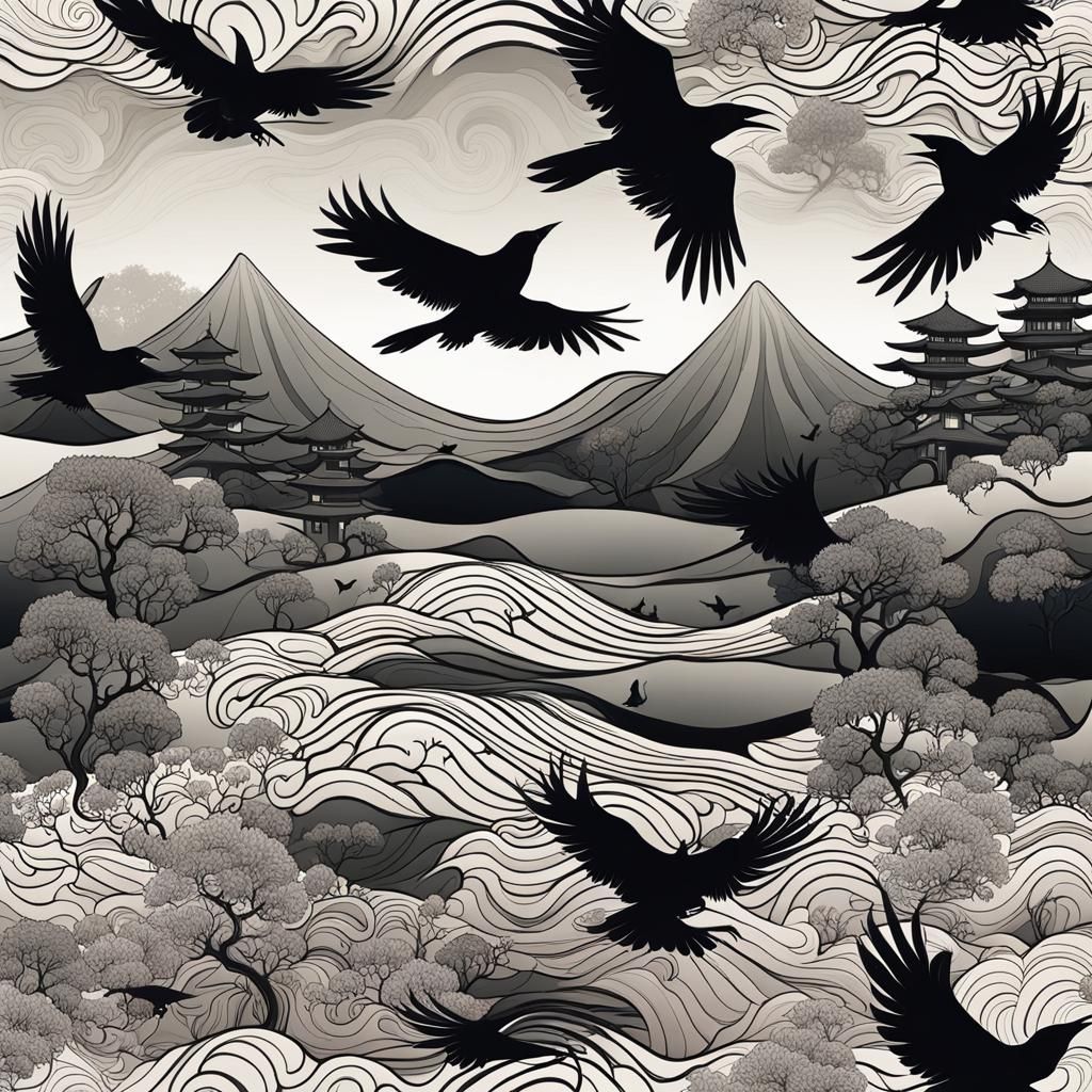 A murder of crows in a Japanese-style garden