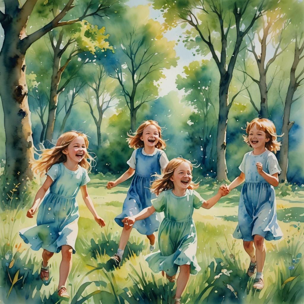  children playing, watercolor 