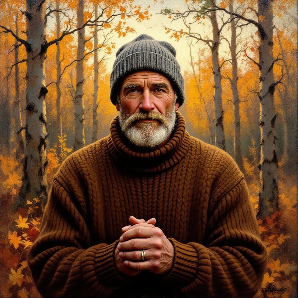 Man in Sweater and Beanie in Autumn Forest