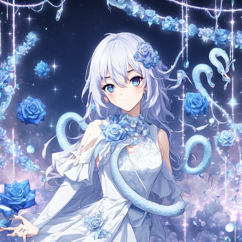 Anime Girl with Crystal Snake and Roses