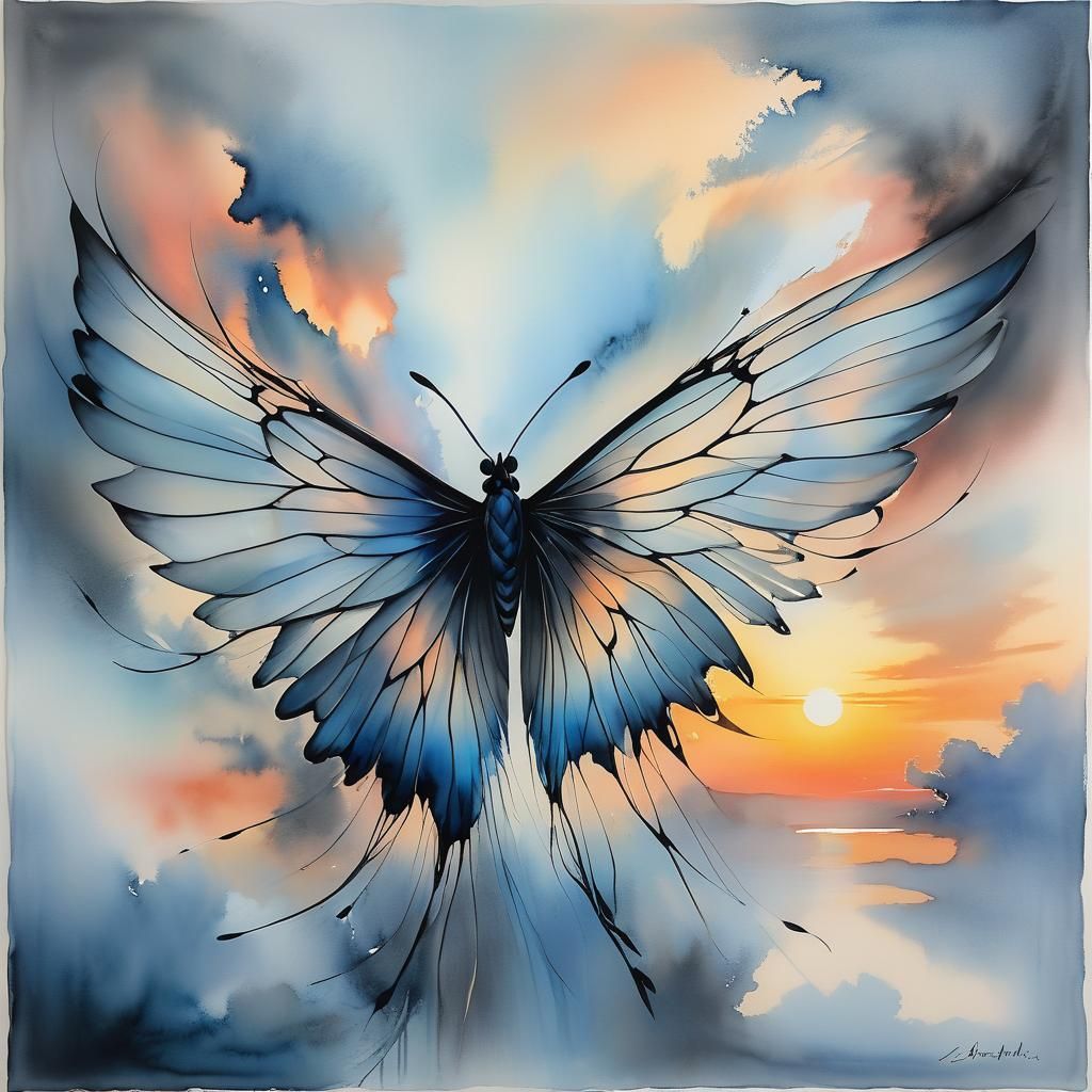A stunning and delicate watercolor and charcoal painting depicting wings made of glass, with a dreamy ...  by @NekoNesto
