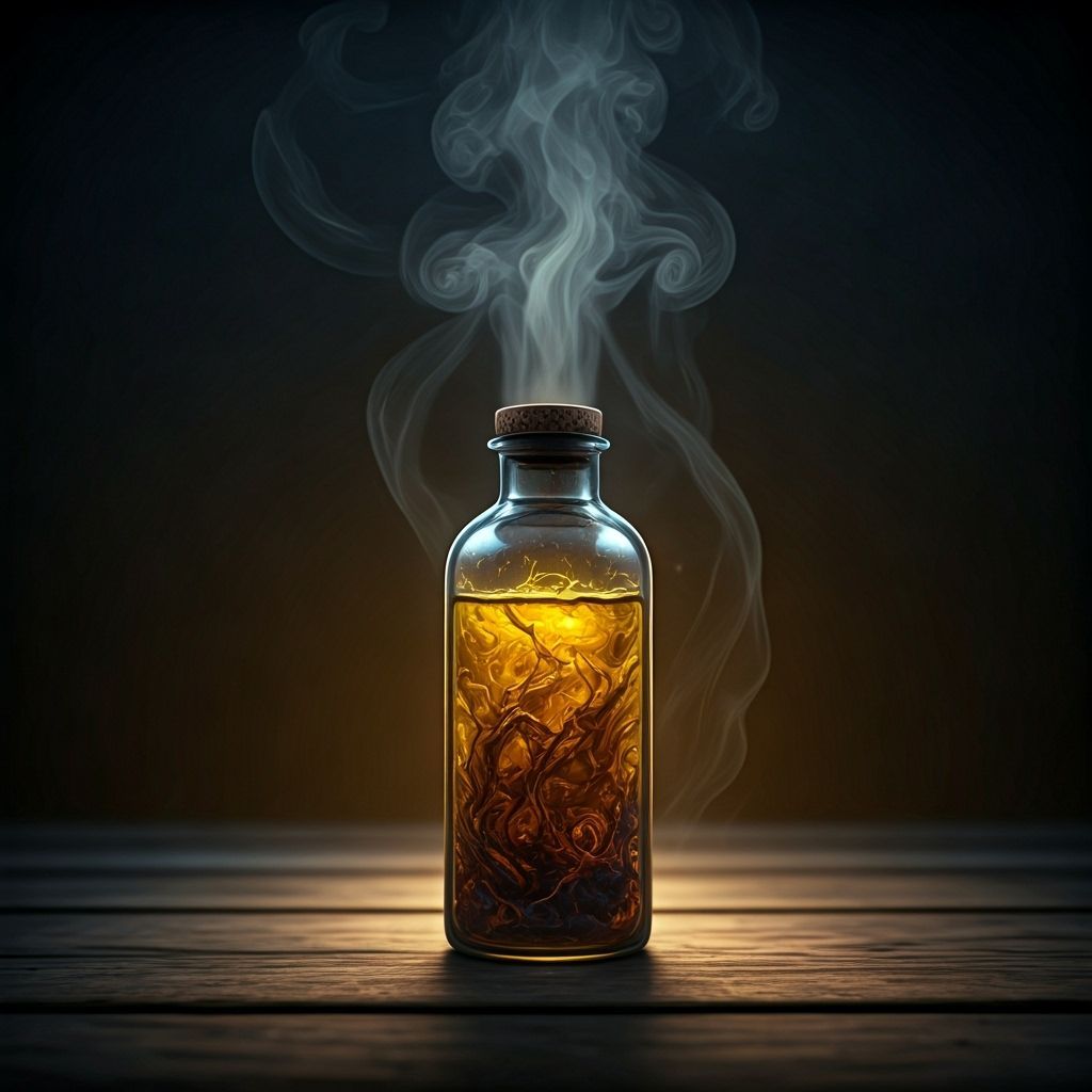 The dark, slightly frosted glass vial contains a thick, yellowish liquid whose surface seems to ripple slightly, as if something invisible w...