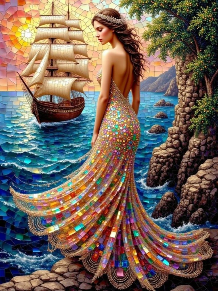 <lora:MOSAIC PEARL GLITTER:1.0>  A serene woman with an introspective gaze, adorned in flowing, floor-length attire with delicate lace trim ...