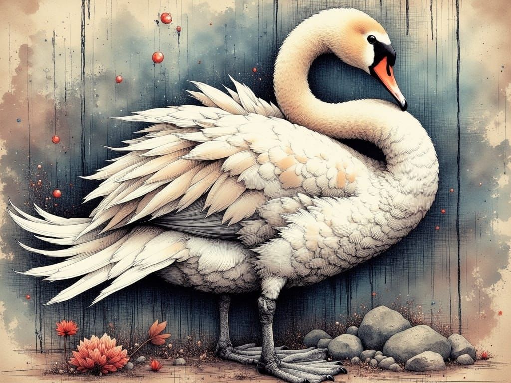 <lora:HRH-moody-inks v2:1.0> Mystical swan style of holly hobbie, moody ink, hyper detailed , grunge