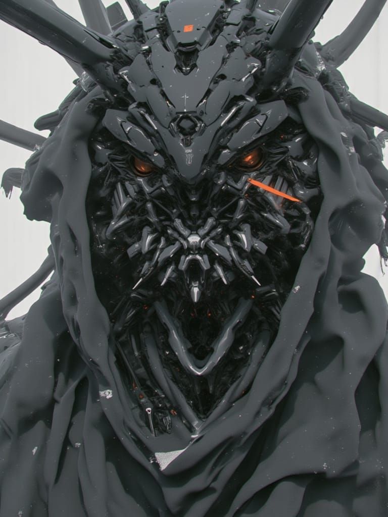 A incredible Mecha closeup frontal view, reaper look with menacing eyes, several spinal curved horns from his head <lora:Predatory Mecha B:1...