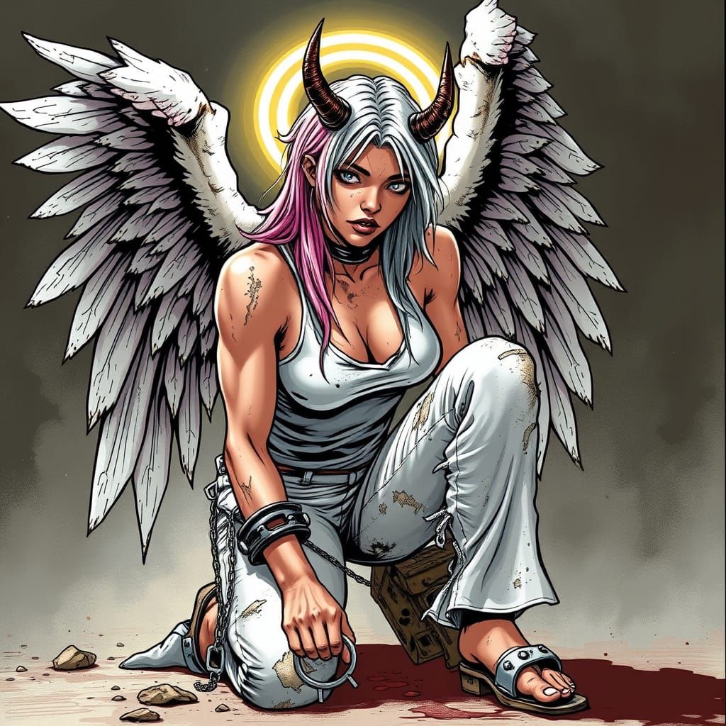 Dirty Angel Woman with Soiled Wings and Manacles