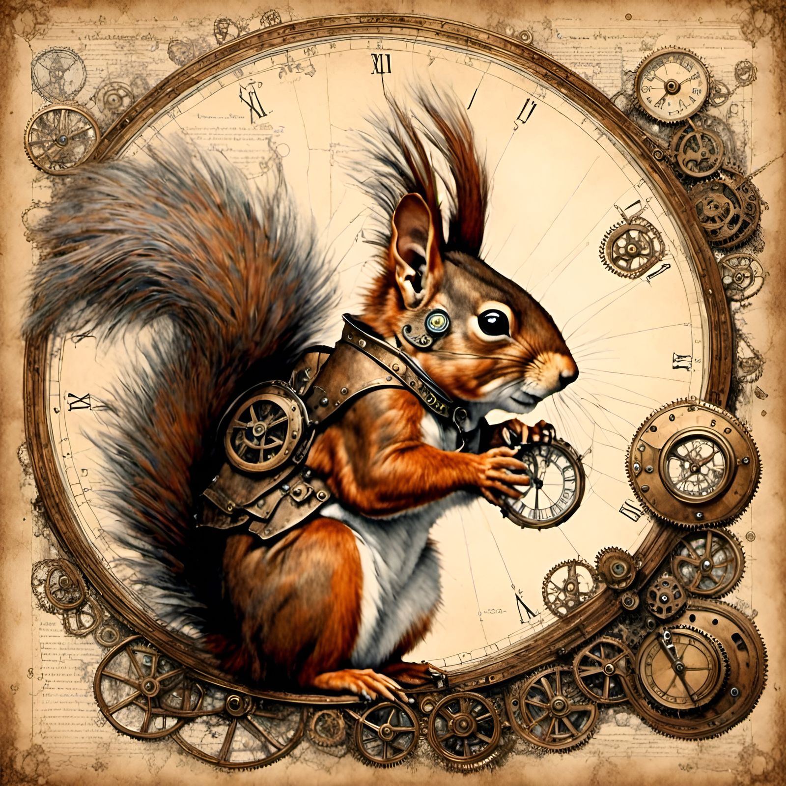 <lora:Steampunk-Notebook:1.0> steampunk squirrel, vintage paper 